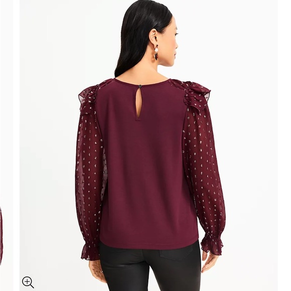 Loft Shimmer Dotted Ruffle Yoke Mixed Media Top in Crushed Blackberry, Size Med - Picture 4 of 17